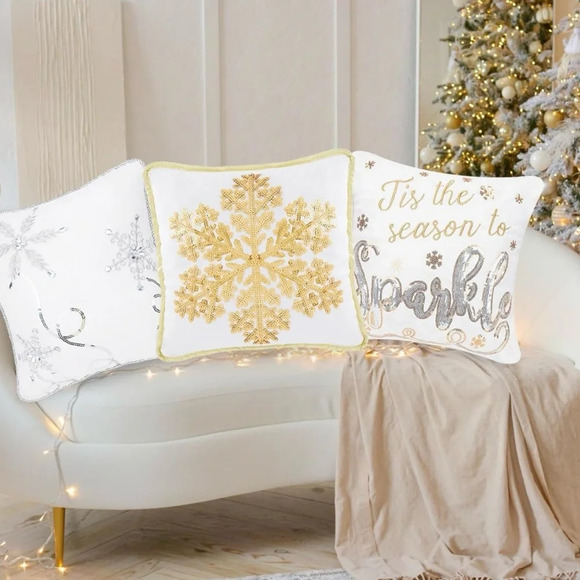 Decoration Throw Pillow Square Snowflakes Plush Pillow 13"x13" White - Picture 11 of 13